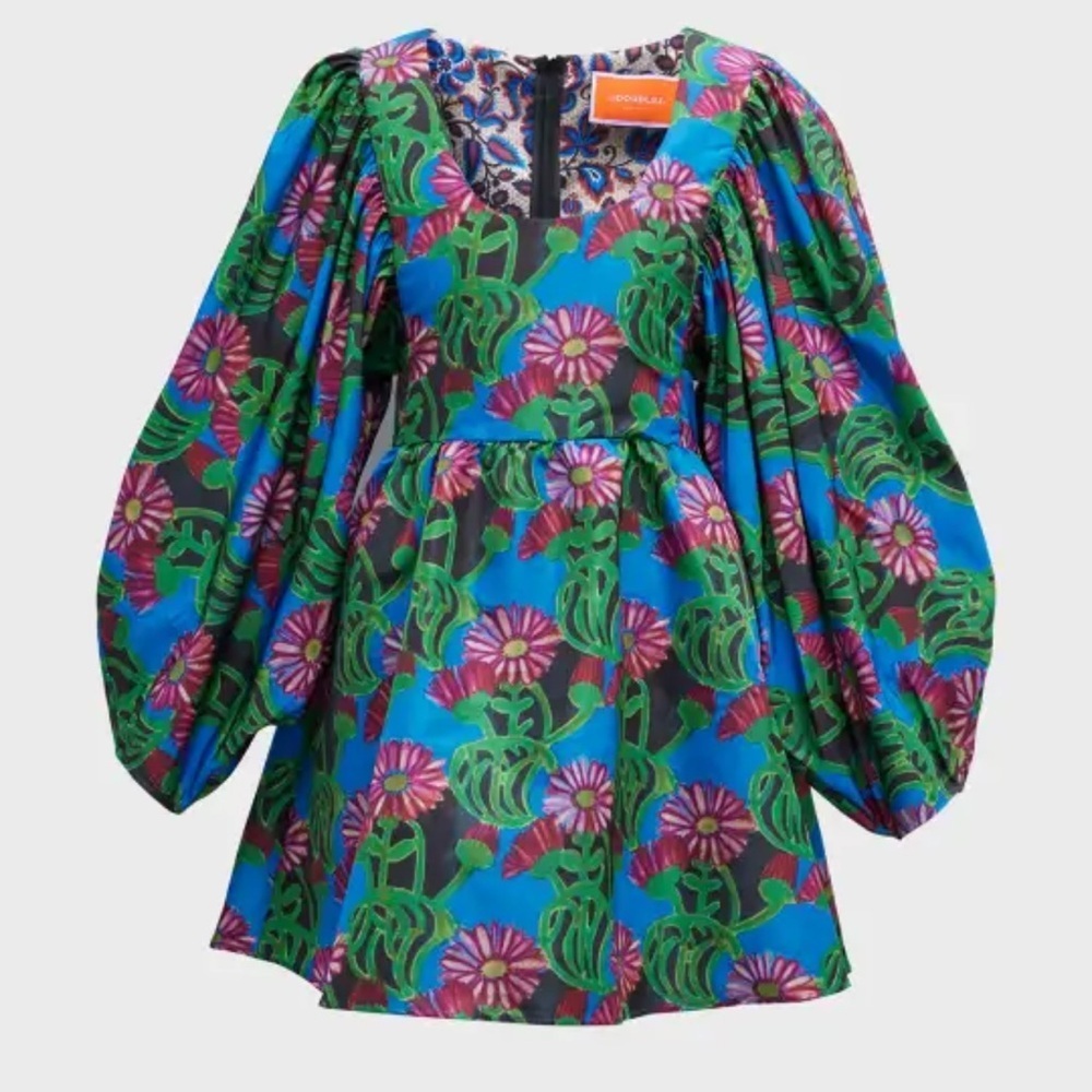 NWT La DoubleJ Dolly Floral-Print Balloon-Sleeve Mini Dress - Size XS